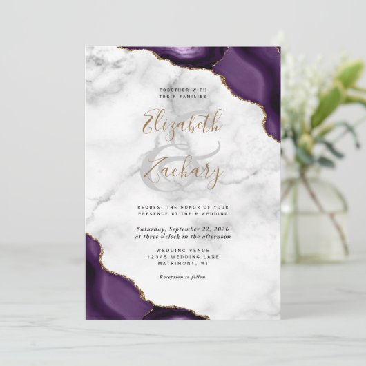 Invitation Mariage en marbre de l'Agate violet or (Debout devant)