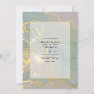 Invitation Mariage en marbre d'encre à la menthe et à l'or