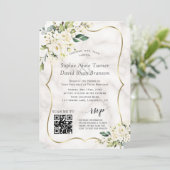 Invitation Mariage en marbre doré QR Elegant Fleurs blanches (Debout devant)