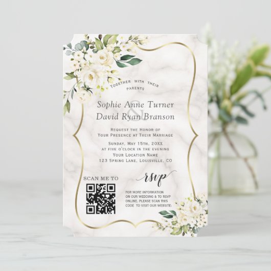 Invitation Mariage en marbre doré QR Elegant Fleurs blanches (Debout devant)