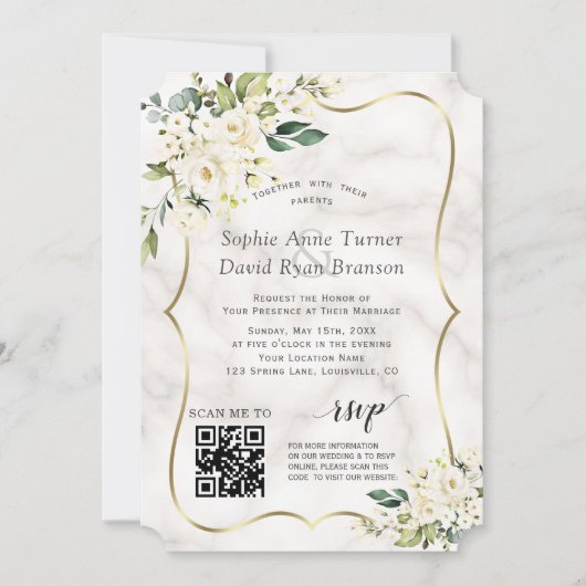 Invitation Mariage en marbre doré QR Elegant Fleurs blanches (Devant)