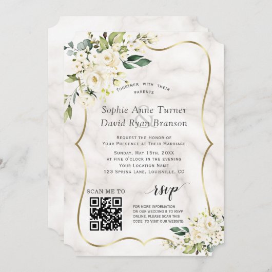 Invitation Mariage en marbre doré QR Elegant Fleurs blanches (Devant / Derrière)