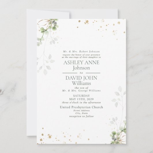 Invitation Mariage en marbre doré Sage vert (Devant)
