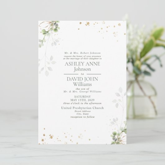 Invitation Mariage en marbre doré Sage vert (Debout devant)