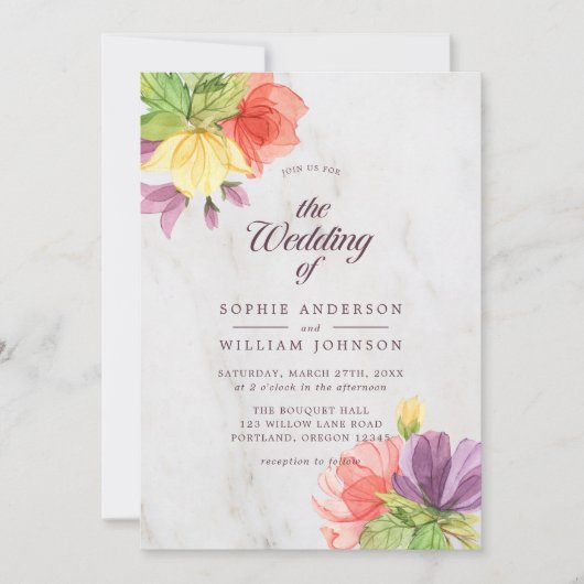 Invitation Mariage en marbre en fleurs vives (Devant)