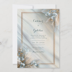 Invitation Mariage en marbre fluide crème floral bleu doré