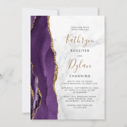 Invitation Mariage en marbre gris gris Agate violet or (Devant)