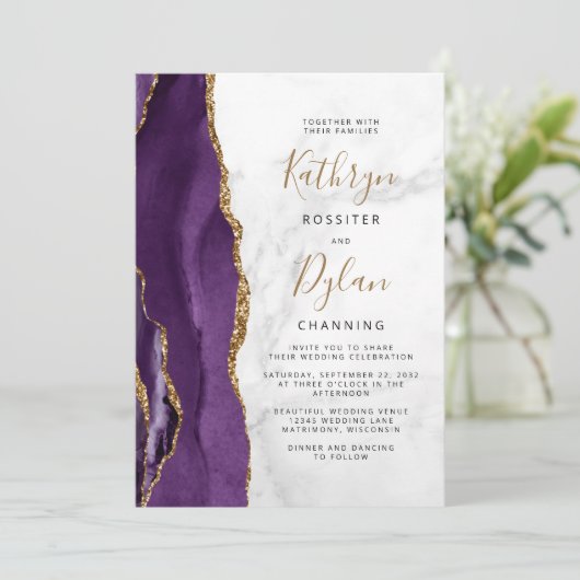 Invitation Mariage en marbre gris gris Agate violet or (Debout devant)