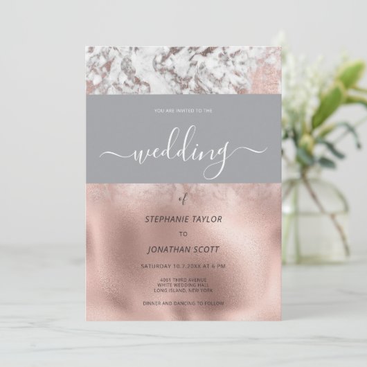 Invitation Mariage en marbre gris rose blanc (Debout devant)