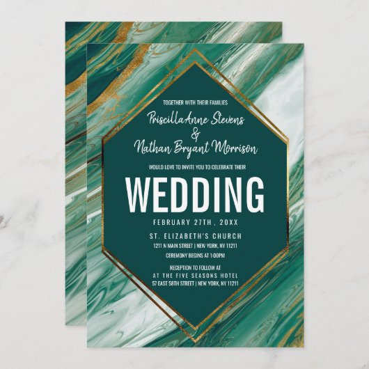 Invitation Mariage en marbre marbré Abstrait Emerald Green Go (Devant / Derrière)