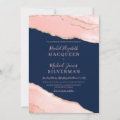 Invitation Mariage en marbre marbré bleu bleu bleu rose or (Devant)