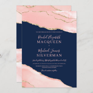 Invitation Mariage en marbre marbré bleu bleu bleu rose or