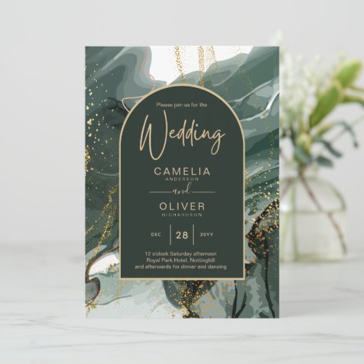 Invitation Mariage en marbre moderne Emerald Green Gold Agate (Debout devant)