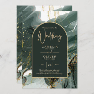 Invitation Mariage en marbre moderne Emerald Green Gold Agate