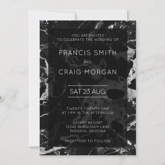 Invitation Mariage en marbre noir et argent Faux (Devant)