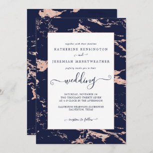Invitation Mariage en marbre or Rose bleu Chic Navy