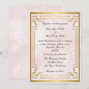 Invitation Mariage en marbre rose cadre géométrique or