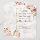 Invitation Mariage en marbre rose rose floral glamour (Devant / Derrière)