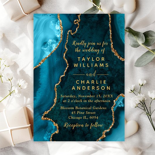 Invitation Mariage en marbre turquoise bleu et or Agate