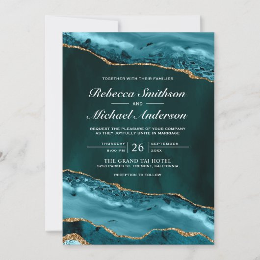 Invitation Mariage en marbre turquoise et doré (Devant)