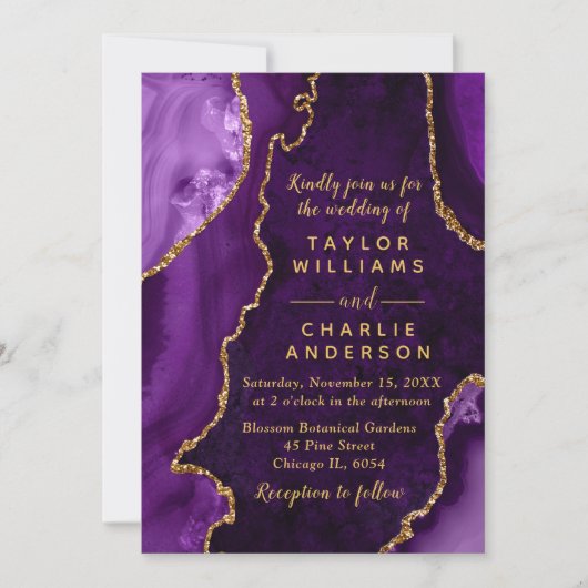 Invitation Mariage en marbre violet et or Agate (Devant)