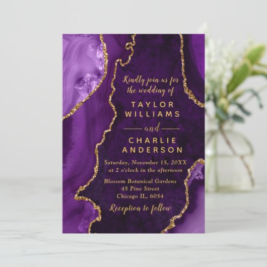 Invitation Mariage en marbre violet et or Agate (Debout devant)