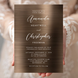 Invitation Mariage en métal brossé bronze écriture