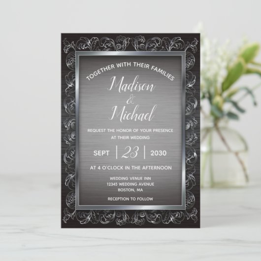 Invitation Mariage en métal gris foncé (Debout devant)