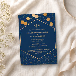 Invitation Mariage en nid d'abeille or et marine