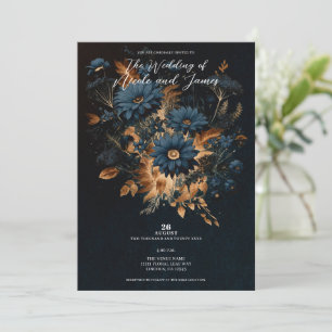 Invitation Mariage en noir bleu et or en bois de glam rustiqu