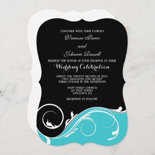 Invitation Mariage en noir turquoise à la corde (Devant / Derrière)