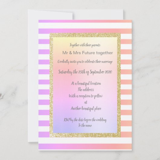 Invitation mariage en or rayé pastel avec parties scintillant (Devant)