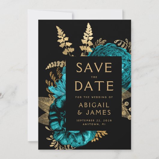 Invitation Mariage en or Turquoise Flore foncé Enregistrer la (Devant)