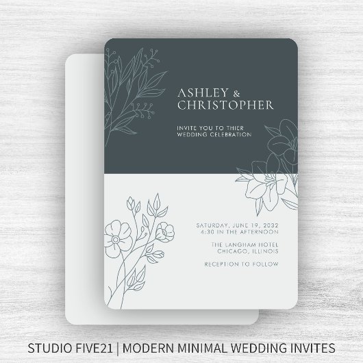 Invitation Mariage en plan de feuillage gris espace minimal