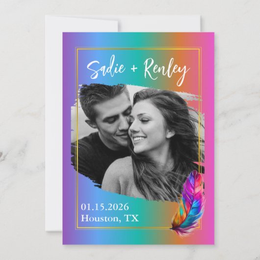 Invitation Mariage en plume arc-en-ciel Enregistrer la date (Dos)