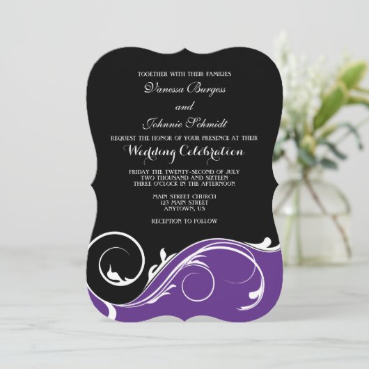 Invitation Mariage en rack noir violet invite (Debout devant)