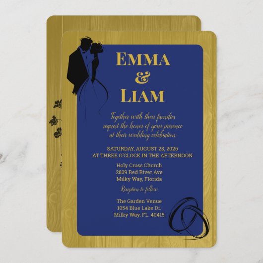 Invitation Mariage en silhouette bleu doré rustique multicolo (Devant / Derrière)