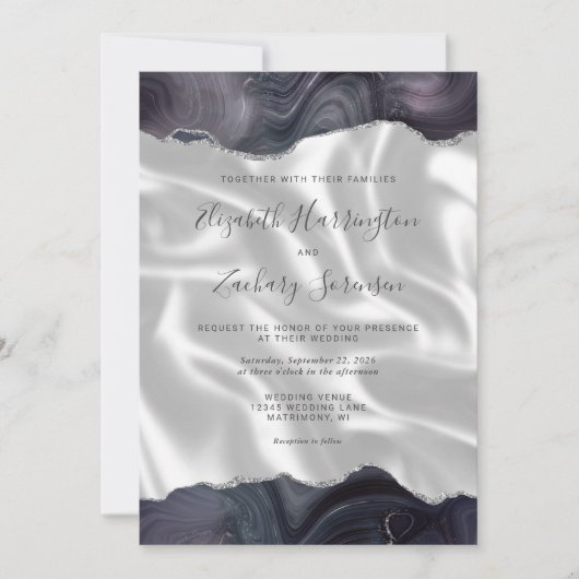 Invitation Mariage en soie blanc gris gris foncé (Devant)