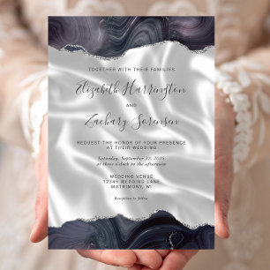 Invitation Mariage en soie gris argenté agate blanc sombre et