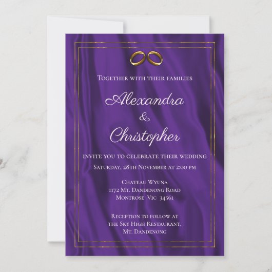 Invitation Mariage en soie violette et en or (Devant)