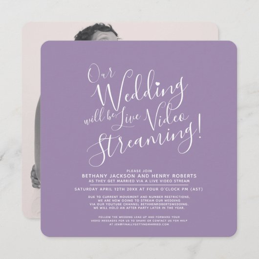 Invitation Mariage en streaming violet blanc (Devant / Derrière)