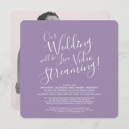 Invitation Mariage en streaming violet blanc (Devant / Derrière)