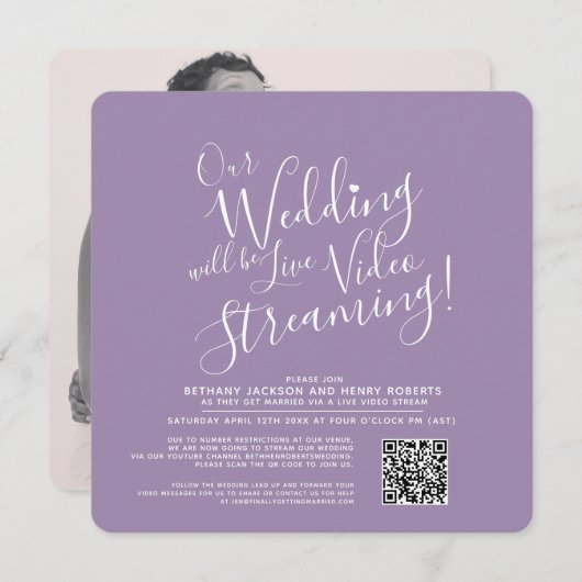 Invitation Mariage en streaming violet blanc (Devant / Derrière)