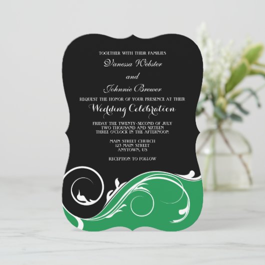 Invitation Mariage en support noir vert pour la boucle (Debout devant)