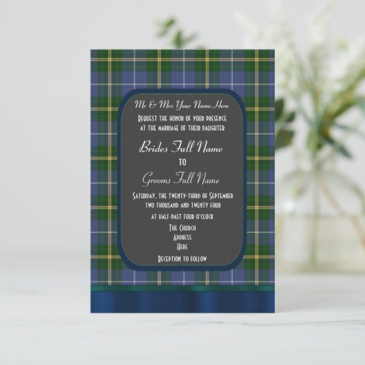 Invitation mariage en tartan bleu et vert (Debout devant)