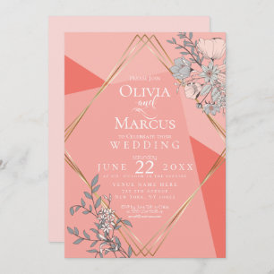 Invitation Mariage en tendance Coral Floral cadre géométrique