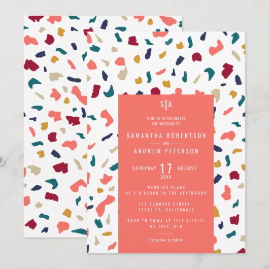 Invitation Mariage en terrazzo mosaïque de marbre corail bril (Devant / Derrière)