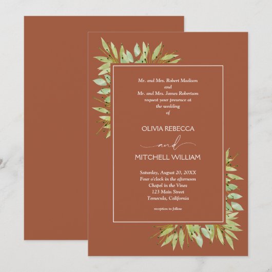 Invitation Mariage en terre cuite du feuillage botanique (Devant / Derrière)