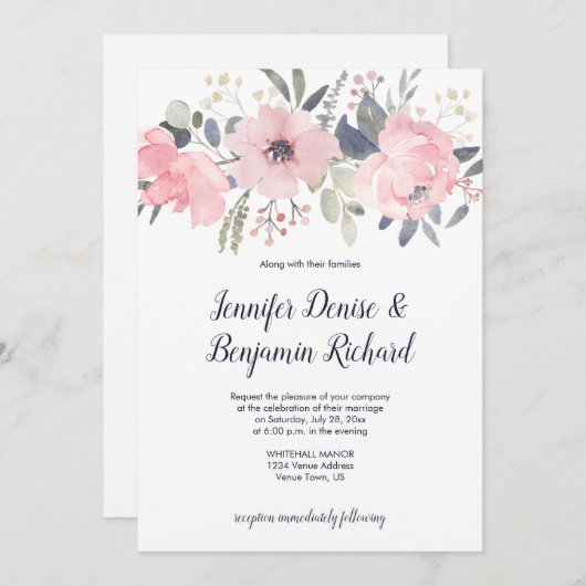 Invitation Mariage en-tête floral rose pâle | (Devant / Derrière)