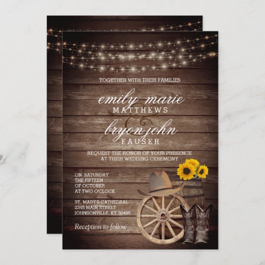 Invitation Mariage en tonneau de bois avec tournesol (Devant / Derrière)
